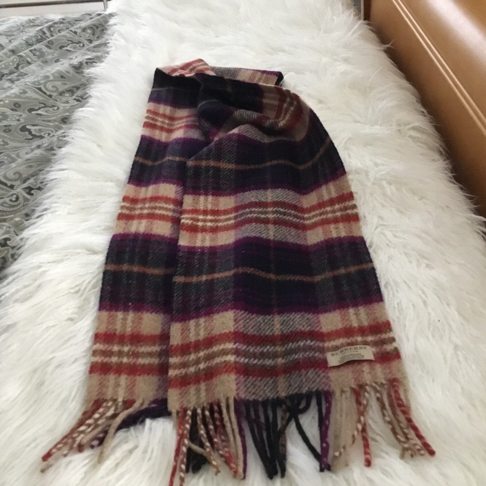 Burberry Plaid Wool Scarf in Cream, Purple and Red